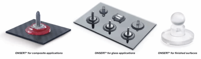 Bollhoff Onsert, Adhesive Fastener, Adhesive bonding, onsert system, composite application, glass application, finished surfaces